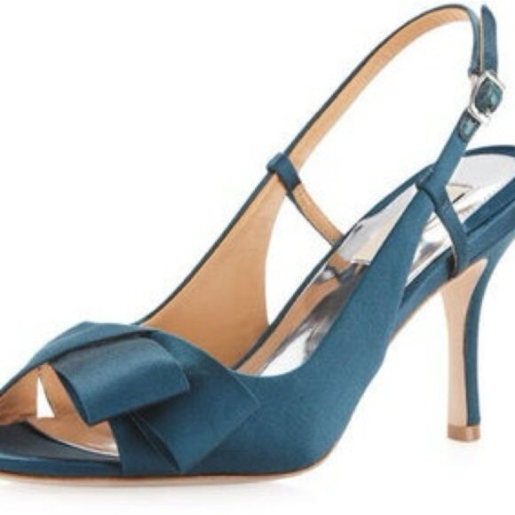 Badgley Mischka| Luxe ‘Gwynn’ Teal Satin Slingback Heels w/Bow - Picture 7 of 7